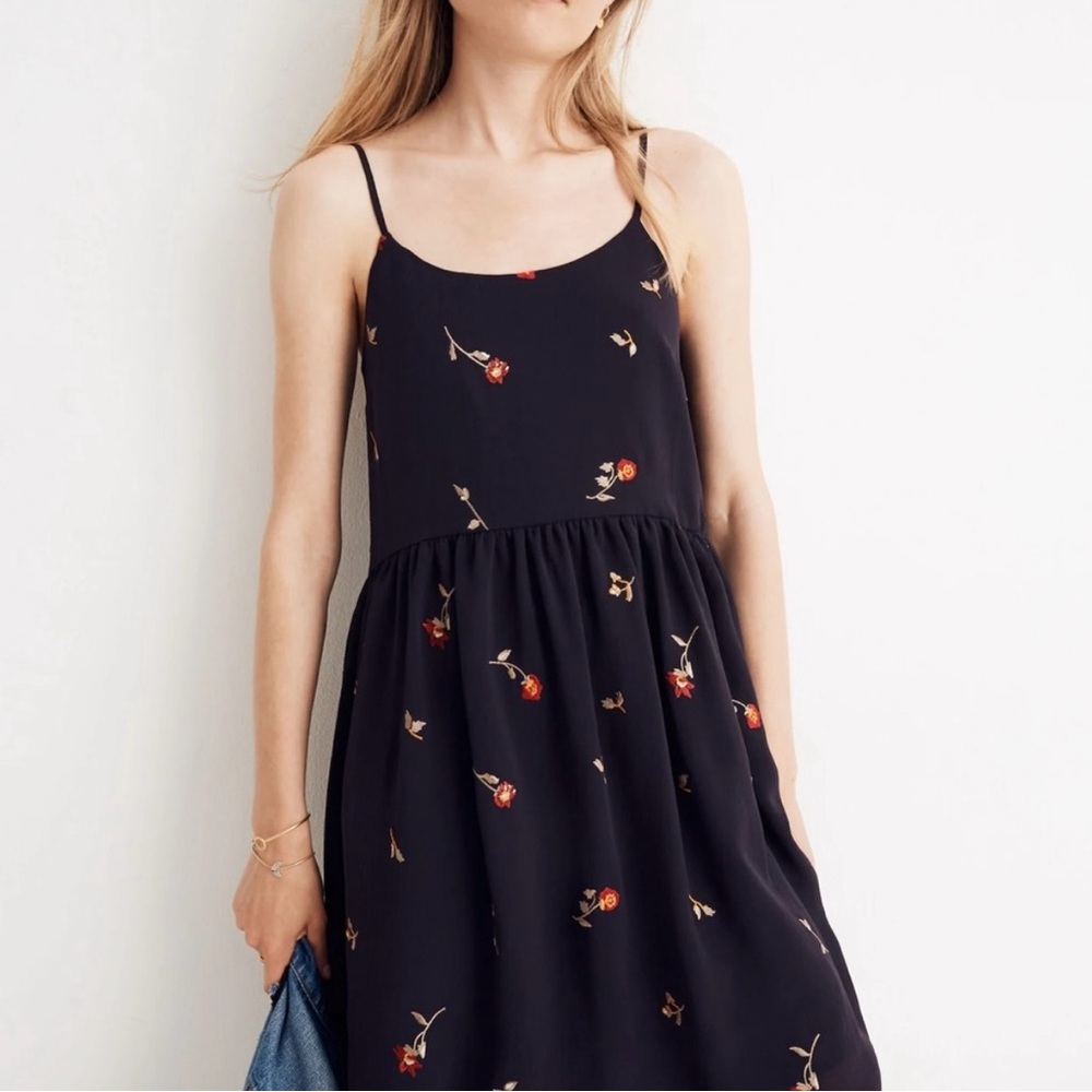 Madewell Navy Embroidered Floral Spaghetti Strap Mini Dress